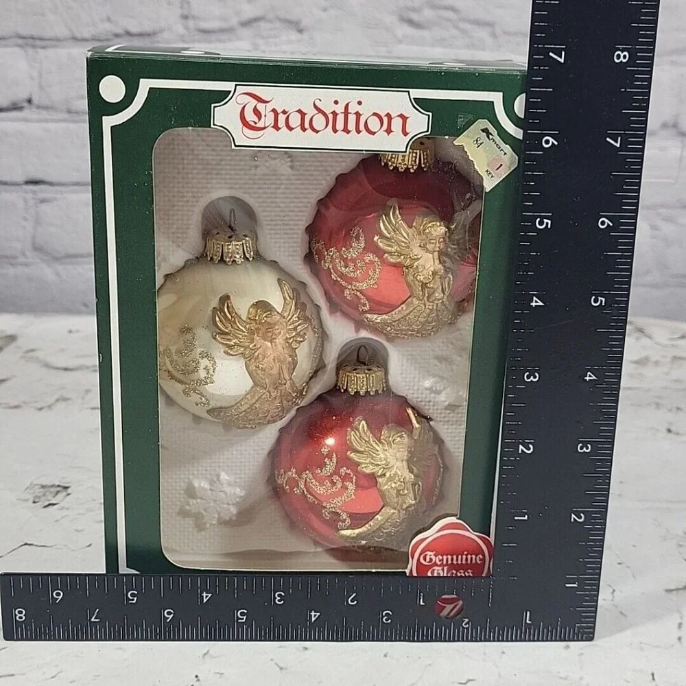 Vintage Kugelgruss Christmas Ornaments Box Of 3‎ Red Gold Noel Angels Germany